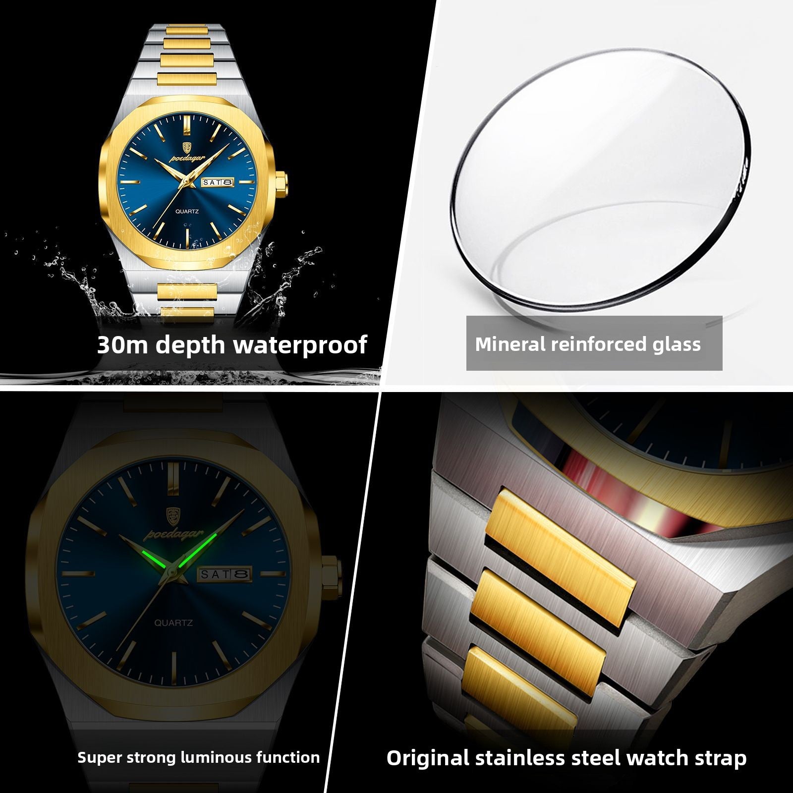 Luminous quartz waterproof watch